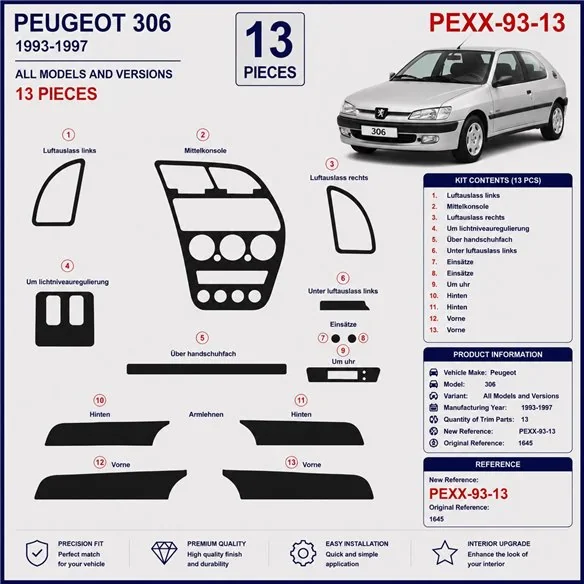 Peugeot 306 1993-1997 kit décor tableau de bord 3D, 13 pièces