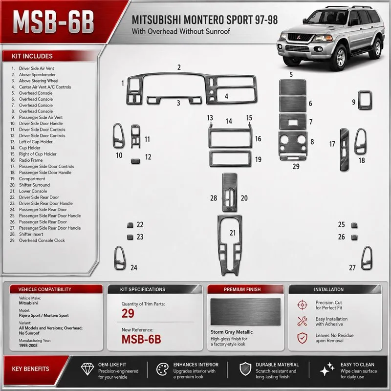 Mitsubishi Pajero Sport/Montero Sport 1998-2008 Overhead, No Sunroof, 29 pièces kit décoration intérieure tableau de bord