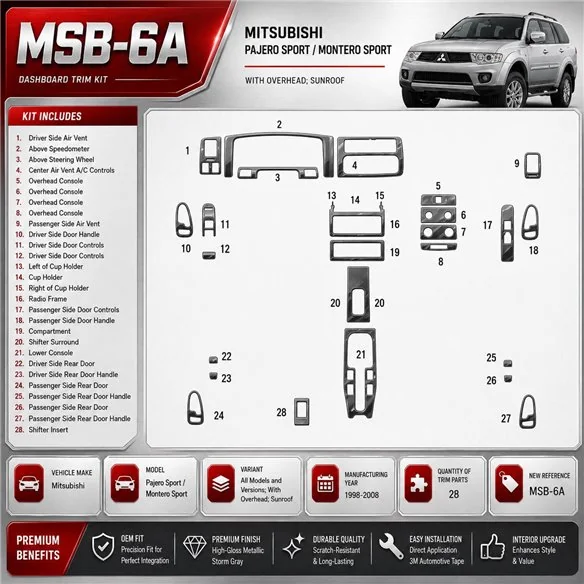 Mitsubishi Pajero Sport/Montero Sport 1998-2008 avec Overhead, Sunroof, 28 pièces kit décoration intérieure tableau de bord