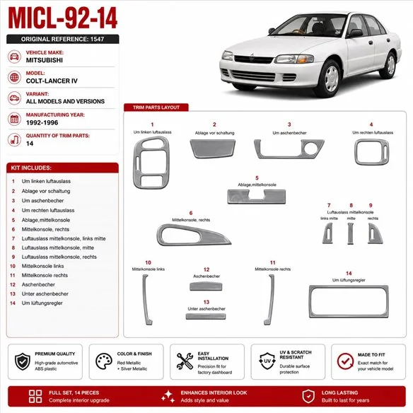 Mitsubishi Colt-Lancer IV 1992-1996 3D kit décoration intérieure tableau de bord 14 pièces