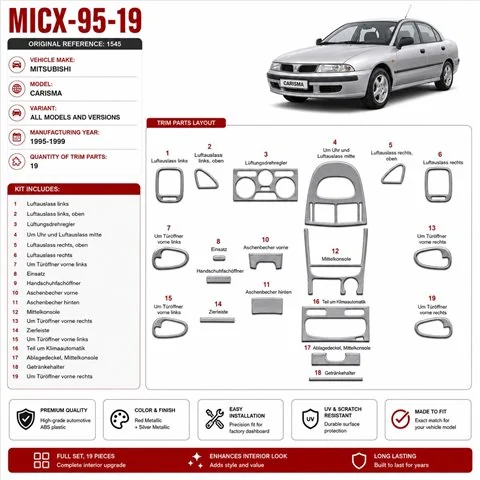 Mitsubishi Carisma 1995-1999 3D kit décoration intérieure tableau de bord 19 pièces