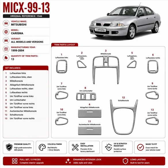 Mitsubishi Carisma 1999-2004 3D kit décoration intérieure tableau de bord 13 pièces