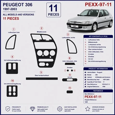 Peugeot 306 1997-2003 kit décor tableau de bord 3D, 11 pièces 2