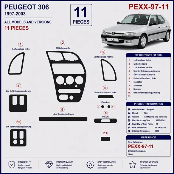 Peugeot 306 1997-2003 kit décor tableau de bord 3D, 11 pièces