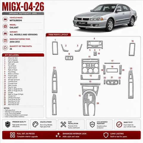 Mitsubishi Galant 2004-2012 kit décoration intérieure tableau de bord 26 pièces