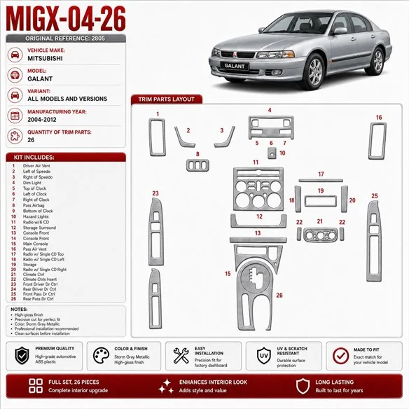 Mitsubishi Galant 2004-2012 kit décoration intérieure tableau de bord 26 pièces