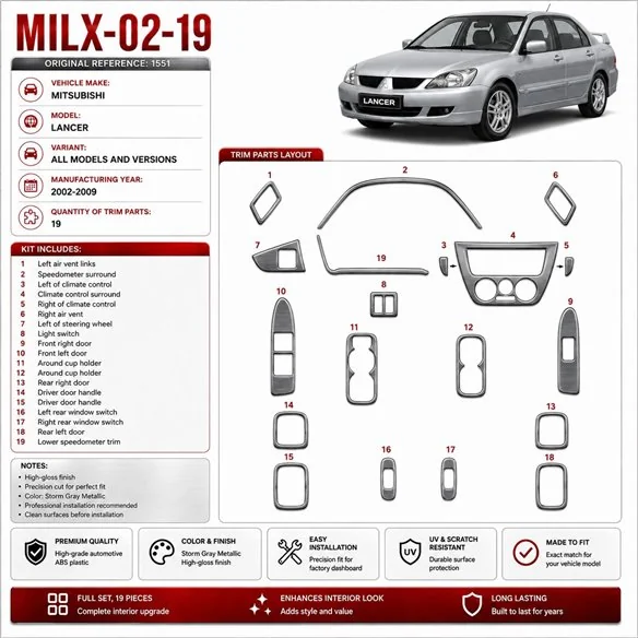 Mitsubishi Lancer 2002-2009 3D kit décoration intérieure tableau de bord 19 pièces