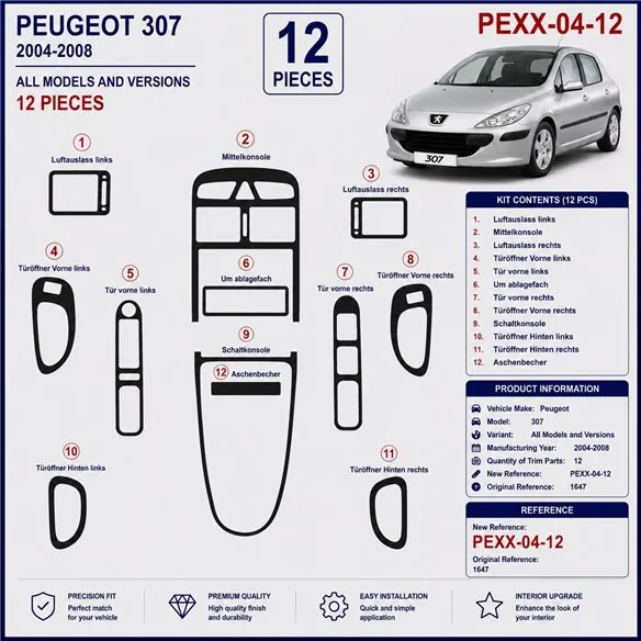 Peugeot 307 2004-2008 kit décor tableau de bord 3D, 12 pièces