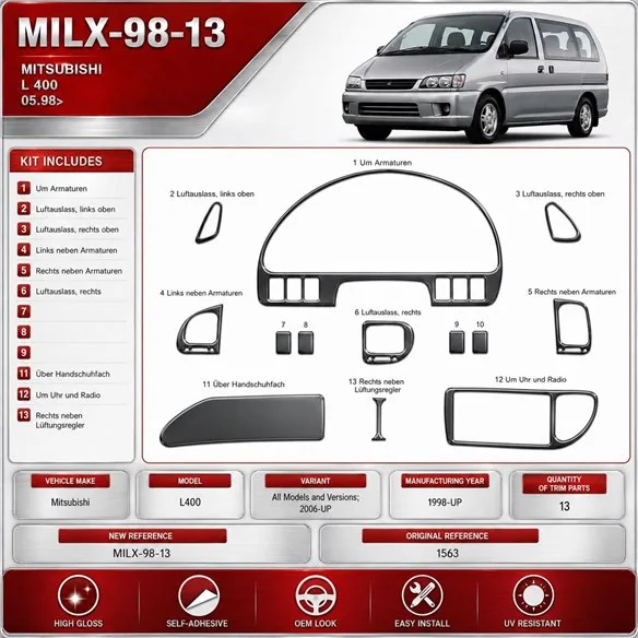 Mitsubishi L 400 1998 - à aujourd’hui 2006 - à aujourd’hui 3D kit décoration intérieure tableau de bord 13 pièces