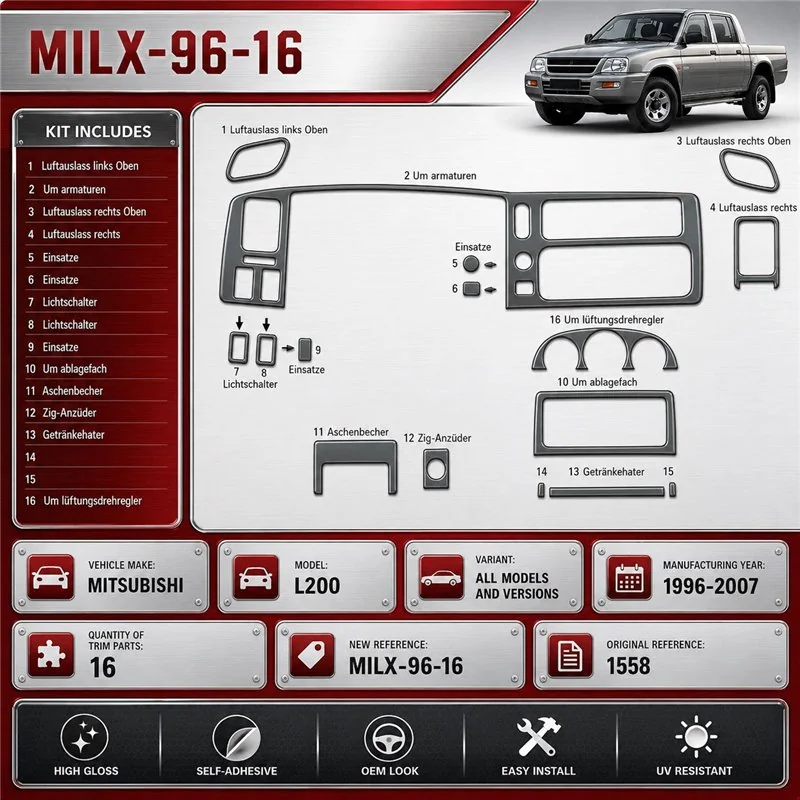Mitsubishi L 200 1996-2007 3D kit décoration intérieure tableau de bord 16 pièces