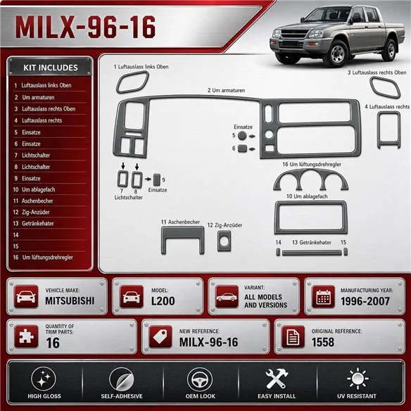 Mitsubishi L 200 1996-2007 3D kit décoration intérieure tableau de bord 16 pièces