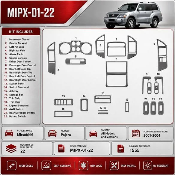 Mitsubishi Pajero 2001-2004 3D kit décoration intérieure tableau de bord 22 pièces
