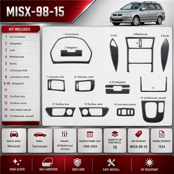 Mitsubishi Spacewagon 1998-2004 3D kit décoration intérieure tableau de bord 15 pièces