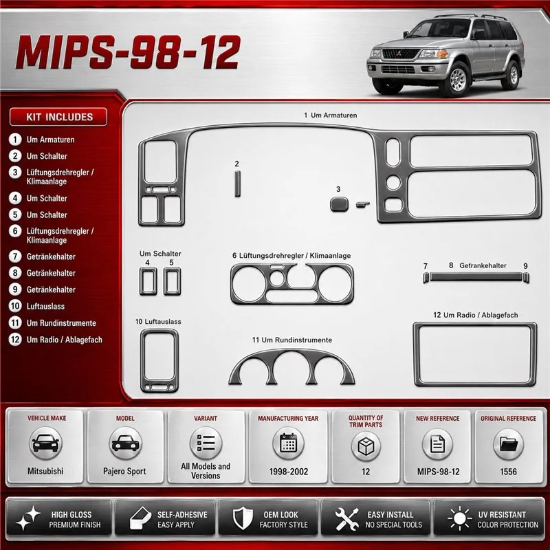 Mitsubishi Pajero Sport 1998-2002 3D kit décoration intérieure tableau de bord 12 pièces