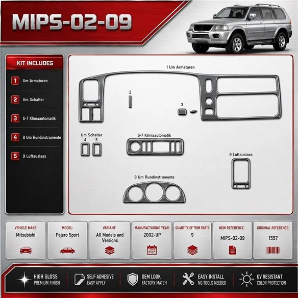 Mitsubishi Pajero Sport 2002 - à aujourd’hui 3D kit décoration intérieure tableau de bord 9 pièces