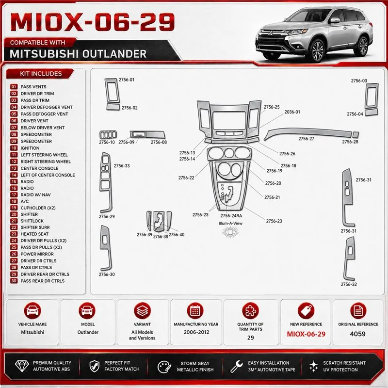 Mitsubishi Outlander 2006-2012 kit décoration intérieure tableau de bord 29 pièces