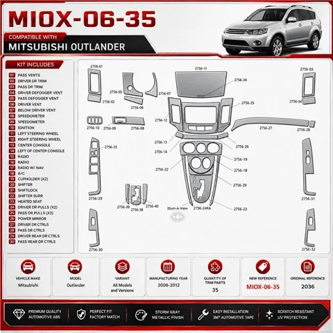 Mitsubishi Outlander 2006-2012 kit décoration intérieure tableau de bord 35 pièces