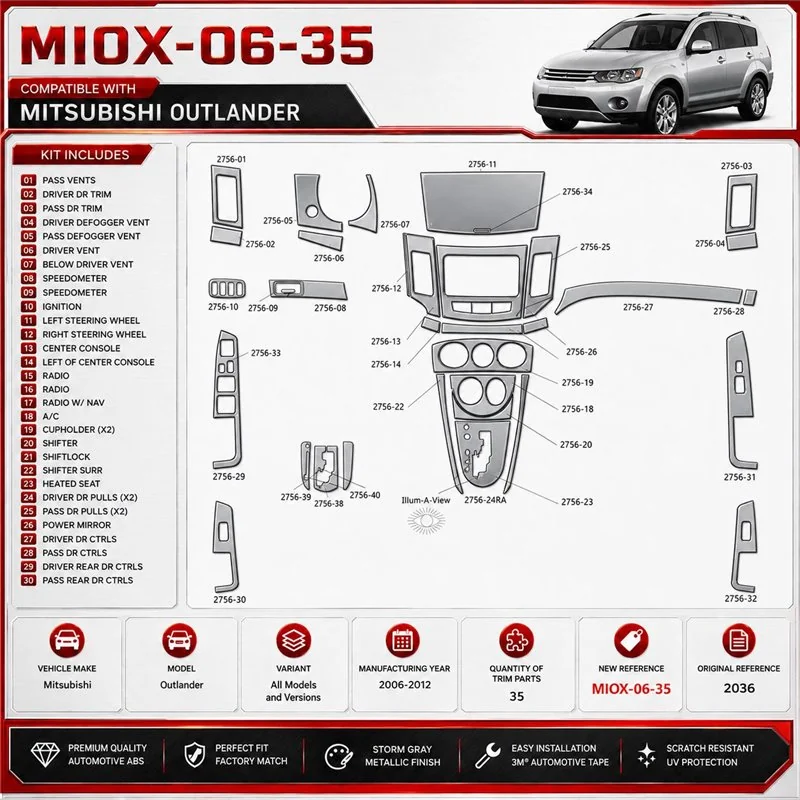 Mitsubishi Outlander 2006-2012 kit décoration intérieure tableau de bord 35 pièces