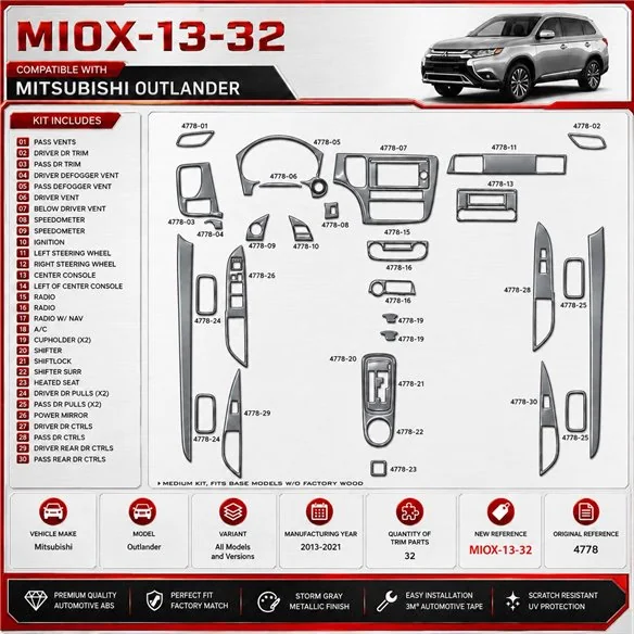 Mitsubishi Outlander 2013-2021 kit décoration intérieure tableau de bord 32 pièces