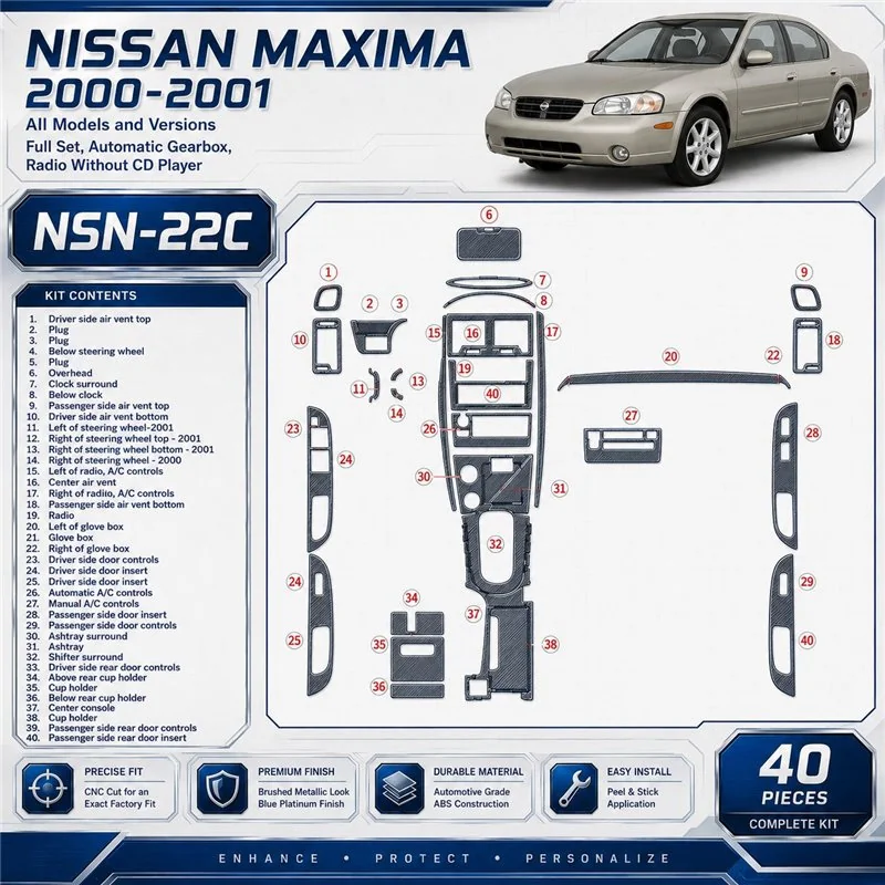 Nissan Maxima 2000-2001 kit complet, Auto boîte de vitesses, Radio sans lecteur CD, 40 pièces kit décoration intérieure tableau 