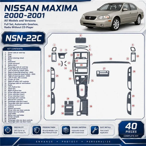 Nissan Maxima 2000-2001 kit complet, Auto boîte de vitesses, Radio sans lecteur CD, 40 pièces kit décoration intérieure tableau 
