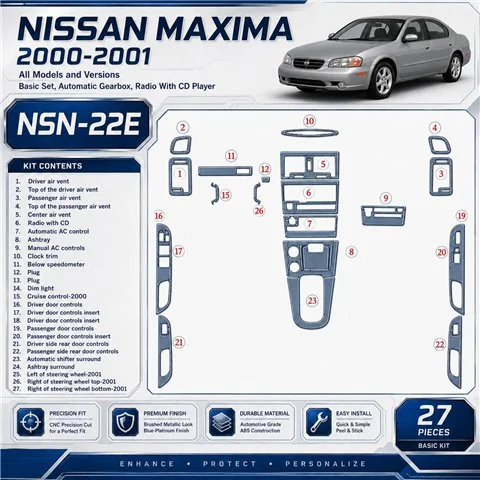 Nissan Maxima 2000-2001 kit de base, Auto boîte de vitesses, Radio avec lecteur CD, 27 pièces kit décoration intérieure tableau 