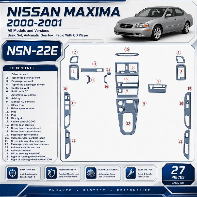 Nissan Maxima 2000-2001 kit de base, Auto boîte de vitesses, Radio avec lecteur CD, 27 pièces kit décoration intérieure tableau 