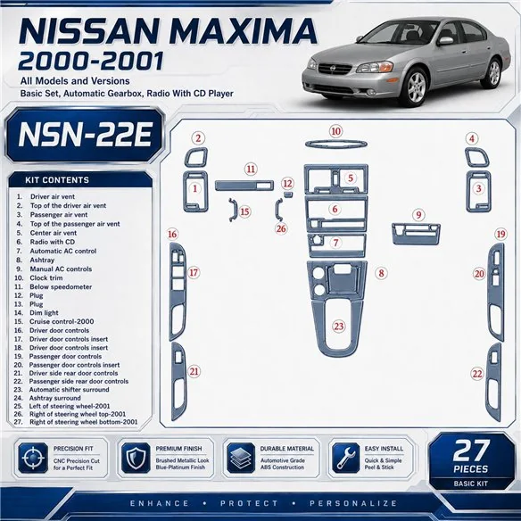 Nissan Maxima 2000-2001 kit de base, Auto boîte de vitesses, Radio avec lecteur CD, 27 pièces kit décoration intérieure tableau 