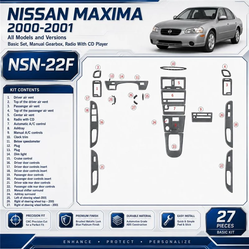 Nissan Maxima 2000-2001 kit de base, boîte manuelle, Radio avec lecteur CD, 27 pièces kit décoration intérieure tableau de bord