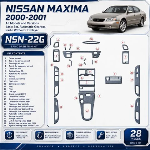 Nissan Maxima 2000-2001 kit de base, Auto boîte de vitesses, Radio sans lecteur CD, 28 pièces kit décoration intérieure tableau 
