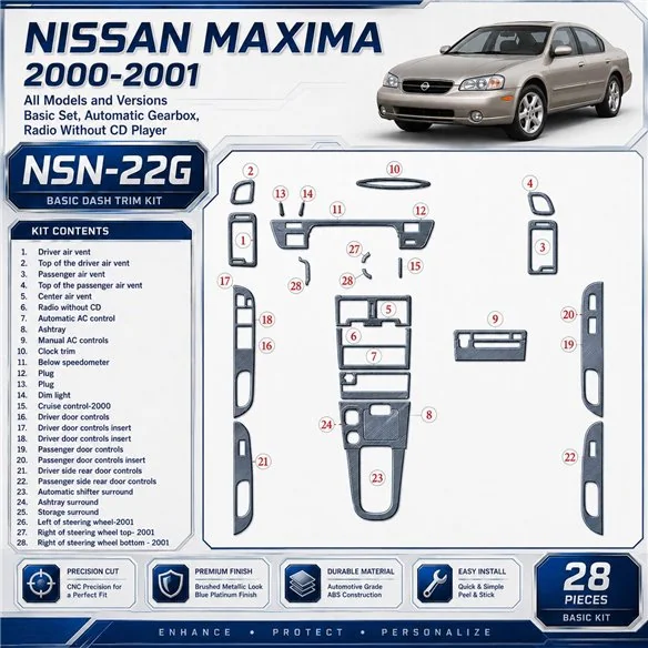 Nissan Maxima 2000-2001 kit de base, Auto boîte de vitesses, Radio sans lecteur CD, 28 pièces kit décoration intérieure tableau 