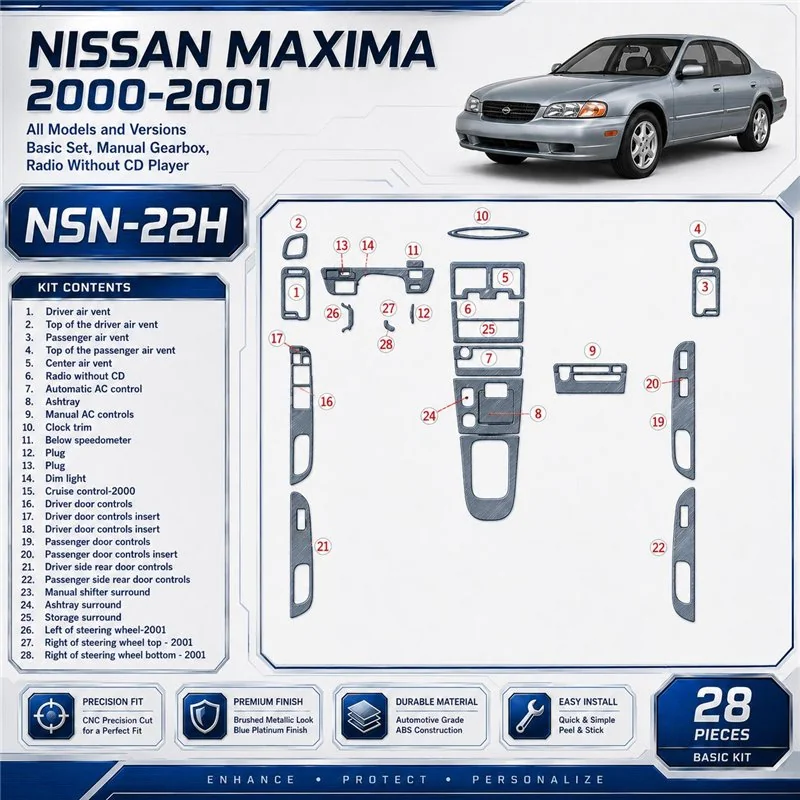 Nissan Maxima 2000-2001 kit de base, boîte manuelle, Radio sans lecteur CD, 28 pièces kit décoration intérieure tableau de bord