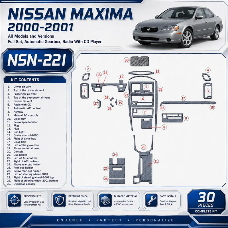 Nissan Maxima 2000-2001 kit complet, Auto boîte de vitesses, Radio avec lecteur CD, 30 pièces kit décoration intérieure tableau 