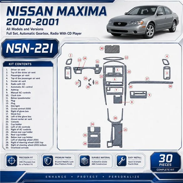 Nissan Maxima 2000-2001 kit complet, Auto boîte de vitesses, Radio avec lecteur CD, 30 pièces kit décoration intérieure tableau 
