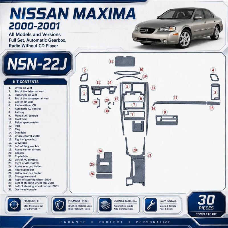 Nissan Maxima 2000-2001 kit complet, Auto boîte de vitesses, Radio sans lecteur CD, 30 pièces kit décoration intérieure tableau 