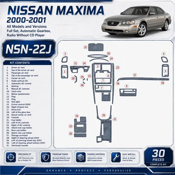 Nissan Maxima 2000-2001 kit complet, Auto boîte de vitesses, Radio sans lecteur CD, 30 pièces kit décoration intérieure tableau 