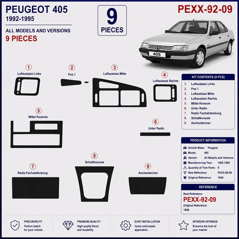 Peugeot 405 1992-1995 kit décor tableau de bord 3D, 9 pièces
