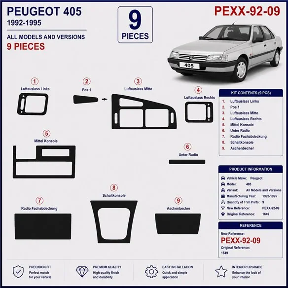 Peugeot 405 1992-1995 kit décor tableau de bord 3D, 9 pièces