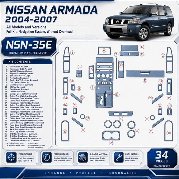 Nissan Armada 2004-2007 kit complet, Navigation system, sans Overhead kit décoration intérieure tableau de bord