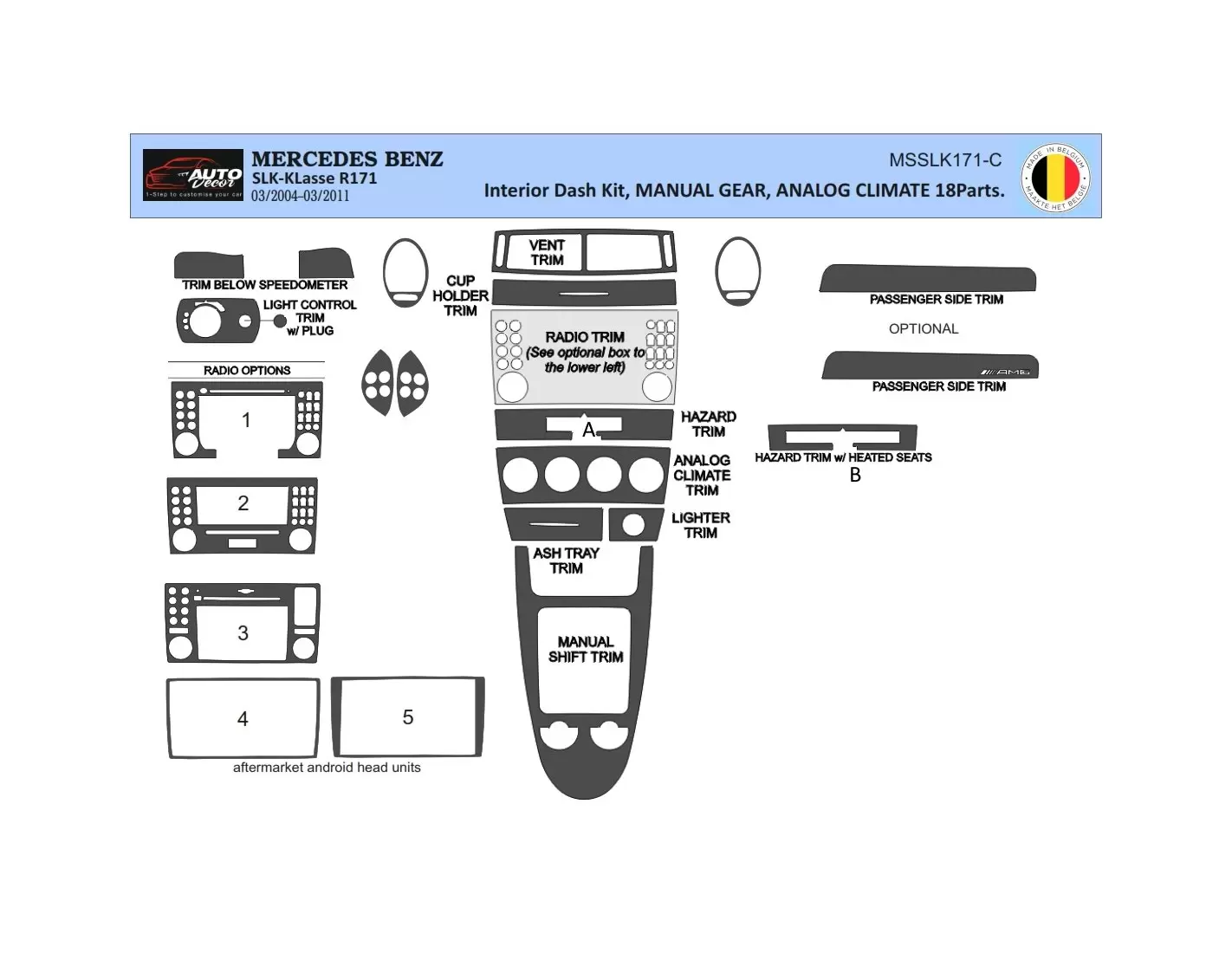 Mercedes SLK (R171) 2004-2010 Kit la décoration du tableau de bord 18-Pièce - 1 - habillage decor de tableau de bord