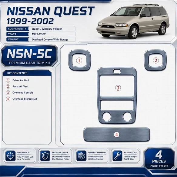 Nissan Quest 1999-2002 Overhead Console avec Storage, 4 pièces kit décoration intérieure tableau de bord
