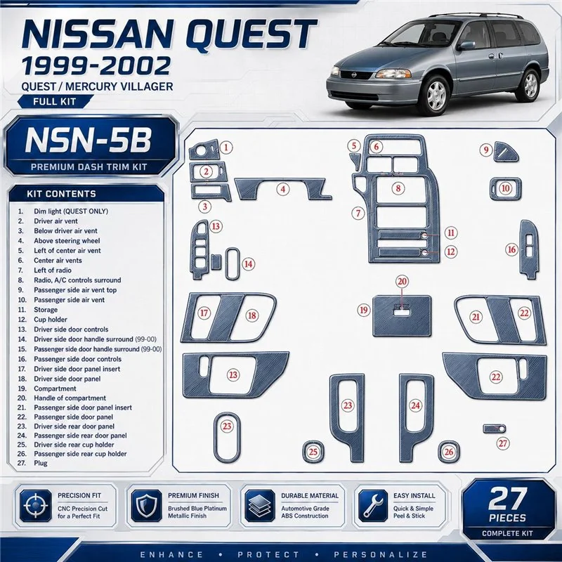 Nissan Quest 1999-2002 kit complet, 27 pièces kit décoration intérieure tableau de bord