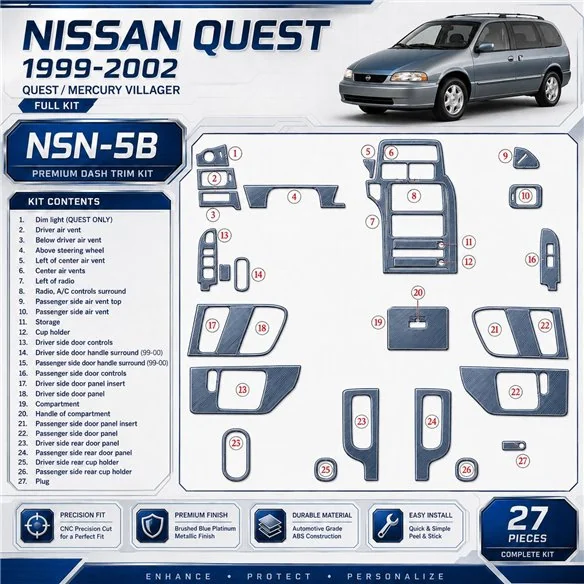 Nissan Quest 1999-2002 kit complet, 27 pièces kit décoration intérieure tableau de bord