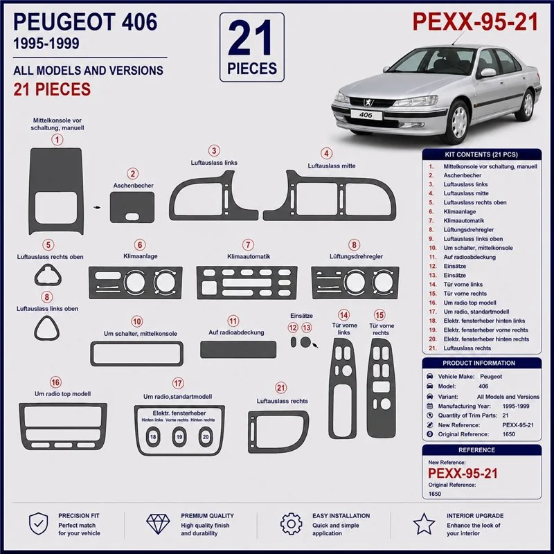 Peugeot 406 1995-1999 kit décor tableau de bord 3D, 21 pièces