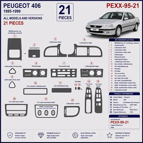 Peugeot 406 1995-1999 kit décor tableau de bord 3D, 21 pièces