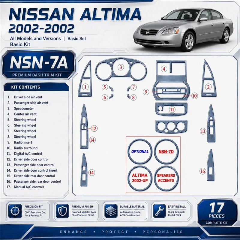 Nissan Altima 2002-2002 kit de base, 17 pièces kit décoration intérieure tableau de bord