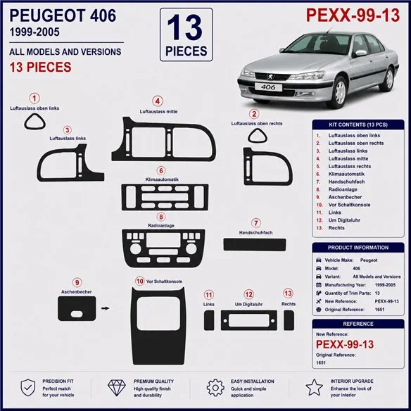 Peugeot 406 1999-2005 kit décor tableau de bord 3D, 13 pièces