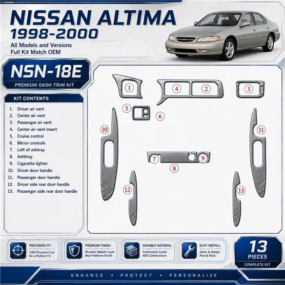 Nissan Altima 1998-2001 kit complet, conformité OEM, 13 pièces kit décoration intérieure tableau de bord