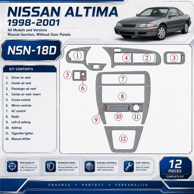 Nissan Altima 1998-2001 boîte manuelle, sans porte panels,12 pièces kit décoration intérieure tableau de bord