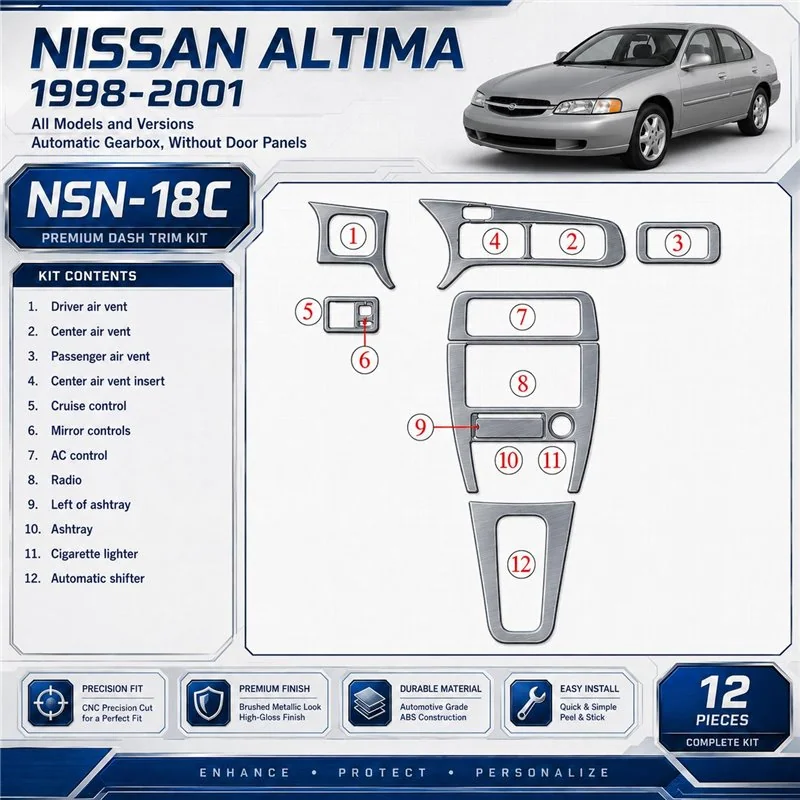 Nissan Altima 1998-2001 boîte automatique, sans porte panels, 12 pièces kit décoration intérieure tableau de bord